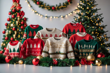 AI Generative Funny winter colored sweaters hanging on wall decorated for Christmas celebrationの素材