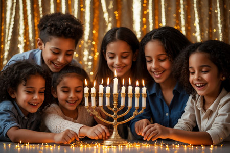 AI Generative Large Jewish family celebrates Hanukkah at dinner table with menorah and candles in Israelの素材
