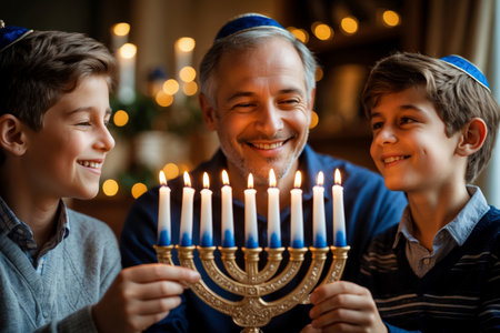 AI Generative Large Jewish family celebrates Hanukkah at dinner table with menorah and candles in Israelの素材