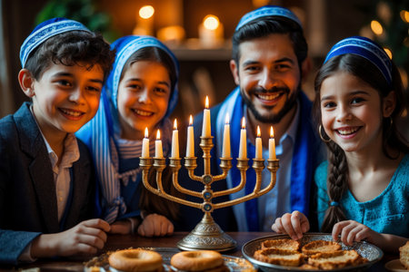 AI Generative Large Jewish family celebrates Hanukkah at dinner table with menorah and candles in Israelの素材