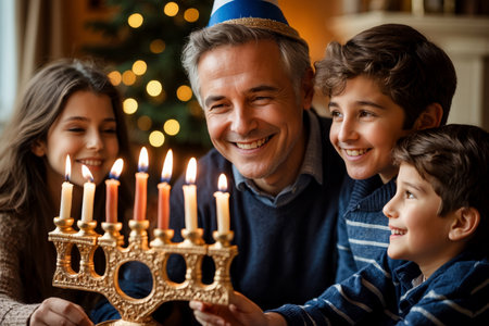 AI Generative Large Jewish family celebrates Hanukkah at dinner table with menorah and candles in Israelの素材