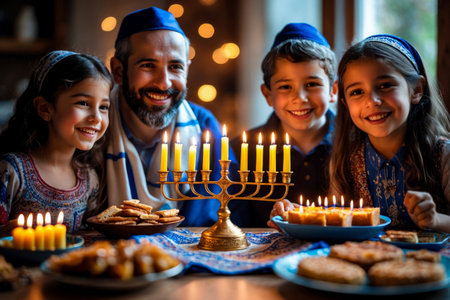 AI Generative Large Jewish family celebrates Hanukkah at dinner table with menorah and candles in Israelの素材