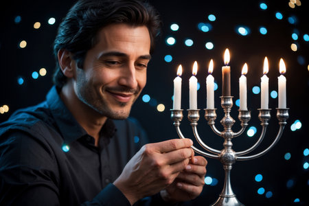 AI Generative Jewish man decorates house for the religious Judaism holiday of Hanukkah, menorah with candlesの素材