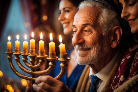 AI Generative Old married couple celebrates the Jewish holiday of Hanukkah, husband and wife decorate menorah with candlesの素材