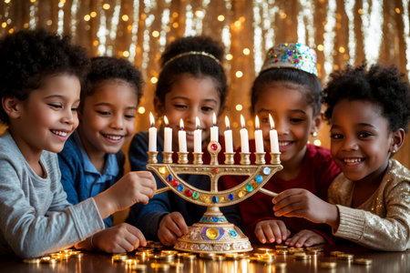 AI Generative Large Jewish family celebrates Hanukkah at dinner table with menorah and candles in Israelの素材