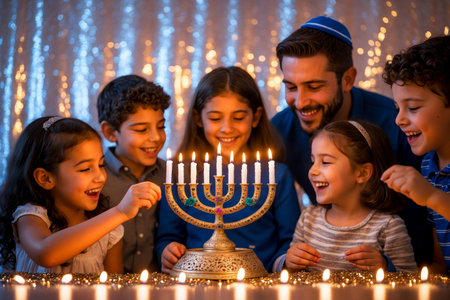 AI Generative Large Jewish family celebrates Hanukkah at dinner table with menorah and candles in Israelの素材