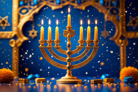 AI Generative Menorah with candles on table decorated for Hanukkah, Jewish symbols of Judaism in Israelの素材