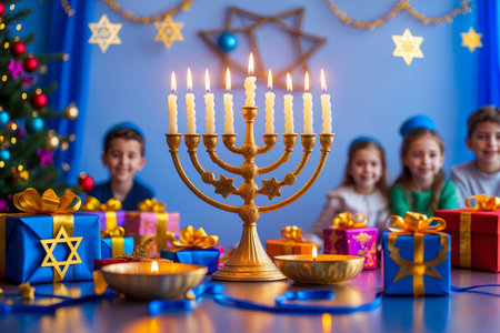 AI Generative Menorah with candles on table decorated for Hanukkah, Jewish symbols of Judaism in Israelの素材