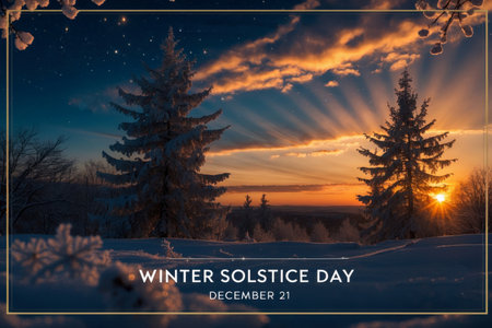 AI Generative Winter solstice greeting card, text on background of landscape nature, forest and mountainsの素材