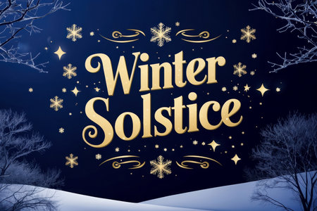 AI Generative Winter solstice greeting card on decorated winter background with ice and cold snowの素材