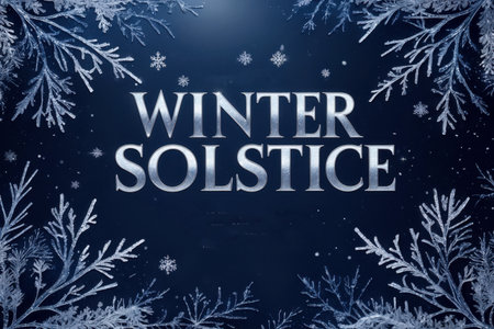 AI Generative Winter solstice greeting card on decorated winter background with ice and cold snowの素材