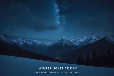 AI Generative Winter solstice greeting card, text on background of landscape nature, forest and mountainsの素材