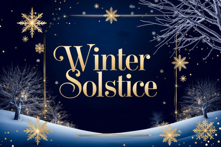 AI Generative Winter solstice greeting card on decorated winter background with ice and cold snowの素材
