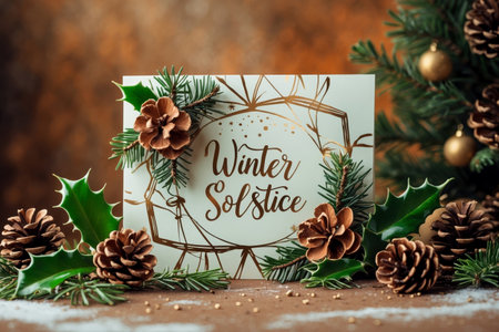 AI Generative Winter solstice greeting card on decorated winter background with spruce branches and conesの素材