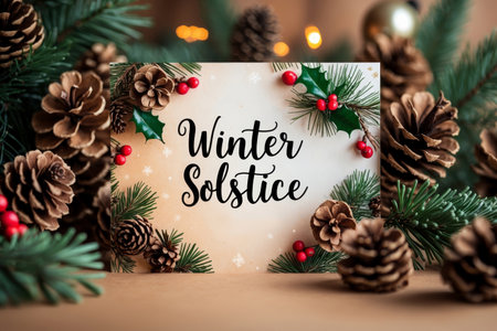 AI Generative Winter solstice greeting card on decorated winter background with spruce branches and conesの素材