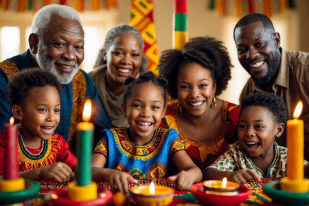AI Generative Large African American family celebrates the cultural holiday of Kwanzaa in the United Statesの素材