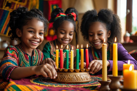 AI Generative African American family children girls sisters celebrates the cultural holiday of Kwanzaa in the United Statesの素材