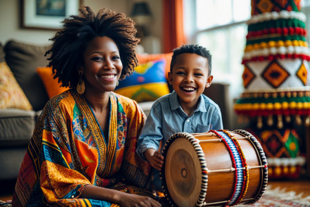 AI Generative African American family mother and child boy celebrates the cultural holiday of Kwanzaa in the United Statesの素材