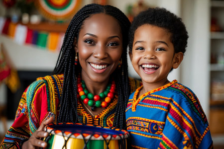 AI Generative African American family mother and child boy celebrates the cultural holiday of Kwanzaa in the United Statesの素材