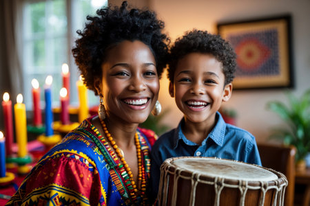 AI Generative African American family mother and child boy celebrates the cultural holiday of Kwanzaa in the United Statesの素材