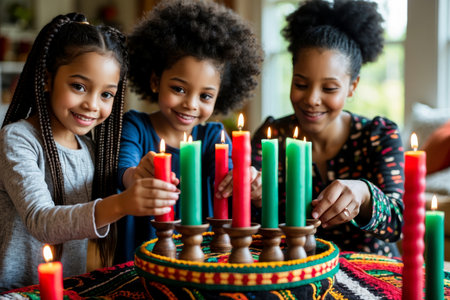 AI Generative African American family mother and children celebrates the cultural holiday of Kwanzaa in the United Statesの素材