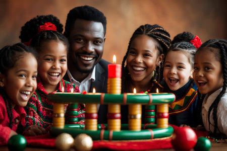AI Generative Large African American family celebrates the cultural holiday of Kwanzaa in the United Statesの素材