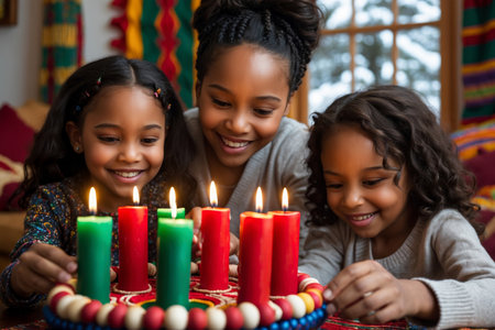 AI Generative African American family mother and children celebrates the cultural holiday of Kwanzaa in the United Statesの素材