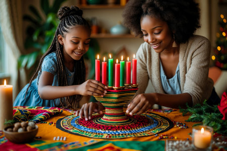 AI Generative African American family mother and children celebrates the cultural holiday of Kwanzaa in the United Statesの素材