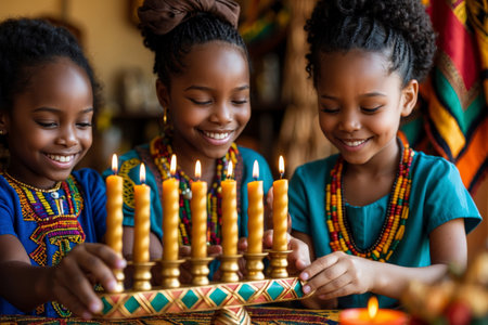 AI Generative African American family children girls sisters celebrates the cultural holiday of Kwanzaa in the United Statesの素材