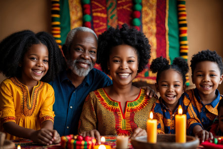 AI Generative Large African American family celebrates the cultural holiday of Kwanzaa in the United Statesの素材