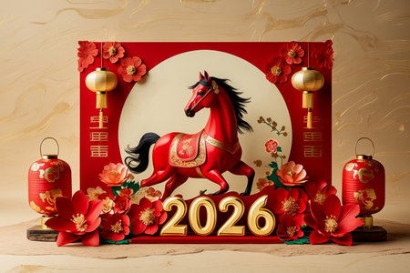 AI Generative Happy New Year 2026 celebration Greeting postcard Card With Red Horse Holiday Symbolの素材
