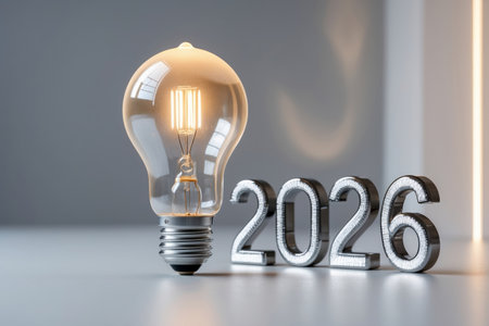 AI Generative Happy winter New Year 2026 lettering Greeting holiday postcard Card Inside Glass Lampの素材