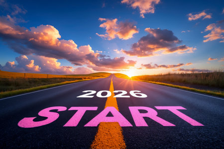 AI Generative Happy New Year Greeting postcard Card lettering 2026 Start on Empty Highway Roadの素材