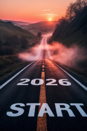 AI Generative Happy New Year Greeting postcard Card lettering 2026 Start on Empty Highway Roadの素材