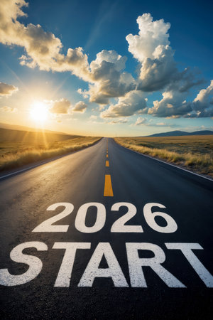 AI Generative Happy New Year Greeting postcard Card lettering 2026 Start on Empty Highway Roadの素材