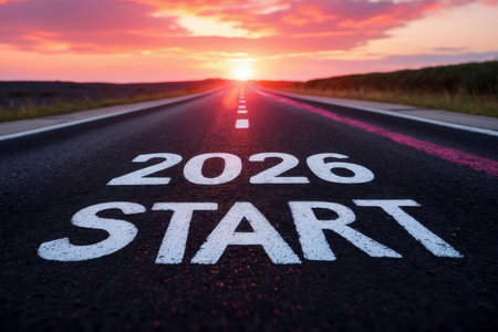 AI Generative Happy New Year Greeting postcard Card lettering 2026 Start on Empty Highway Roadの素材