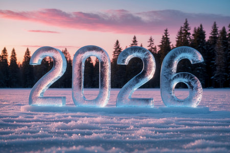 AI Generative Happy new year greeting card 2026, ice numbers in the snow on the background of winter forestの素材