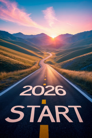 AI Generative Happy New Year Greeting postcard Card lettering 2026 Start on Empty Highway Roadの素材