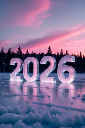 AI Generative Happy new year greeting card 2026, ice numbers in the snow on the background of winter forestの素材