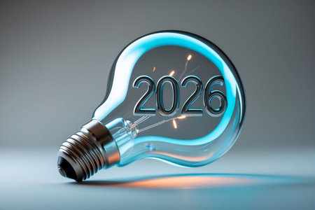 AI Generative Happy winter New Year 2026 lettering Greeting holiday postcard Card Inside Glass Lampの素材