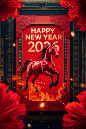 AI Generative Happy New Year 2026 celebration Greeting postcard Card With Red Horse Holiday Symbolの素材