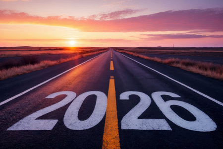 AI Generative Happy New Year Greeting postcard Card lettering 2026 Start on Empty Highway Roadの素材