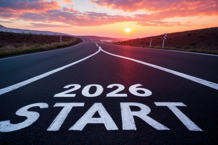 AI Generative Happy New Year Greeting postcard Card lettering 2026 Start on Empty Highway Roadの素材