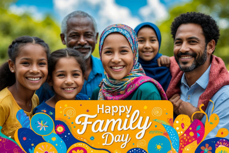 AI Generative Greeting card for international family day, smiling happy people parents and childrenの素材
