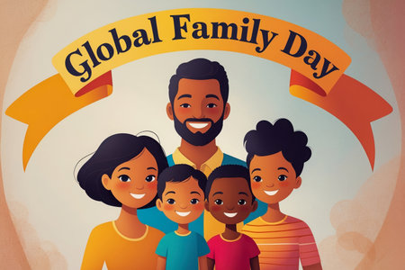 AI Generative Greeting card for international family day, smiling happy people parents and childrenの素材