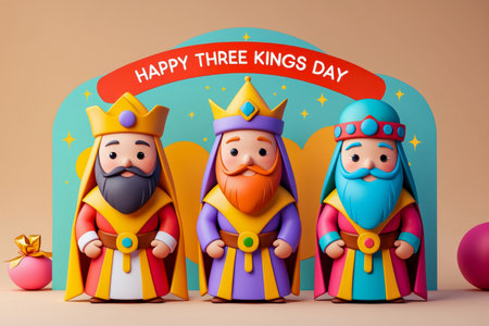 AI Generative Greeting Card for Latin America and Spain Holiday Three Kings Day in honor of adoration of infant Jesusの素材