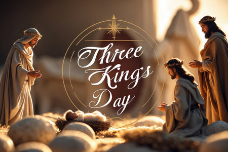 AI Generative Greeting Card for Latin America and Spain Holiday Three Kings Day in honor of adoration of infant Jesusの素材