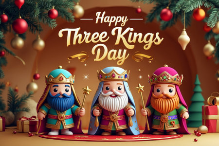 AI Generative Greeting Card for Latin America and Spain Holiday Three Kings Day in honor of adoration of infant Jesusの素材