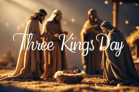 AI Generative Greeting Card for Latin America and Spain Holiday Three Kings Day in honor of adoration of infant Jesusの素材