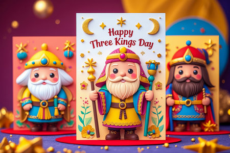 AI Generative Greeting Card for Latin America and Spain Holiday Three Kings Day in honor of adoration of infant Jesusの素材